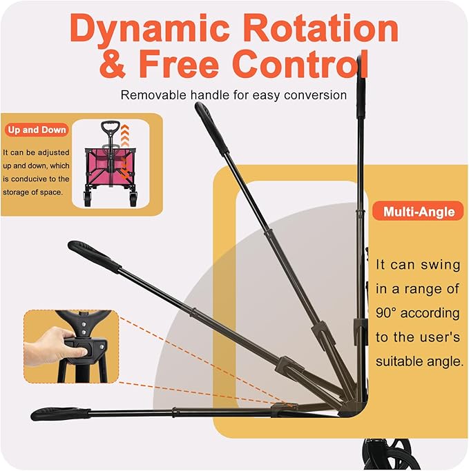 Collapsible Wagon Cart with Wheels, Heavy DutyFoldable Wagon Cart with 230lbs Weight Capacity, UtilityBeach Wagons Portable for Outdoor, Grocery, Camping,.Shopping, Rose Red