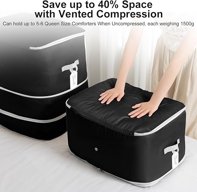 Comforter Storage Bag - 130L Large Capacity Blanket Storage Bags 3-Layer Ultra Space Saving Self Compression Organizer, Washable Compression Bags for Storage Comforter Blanket, 6-Pack, Black