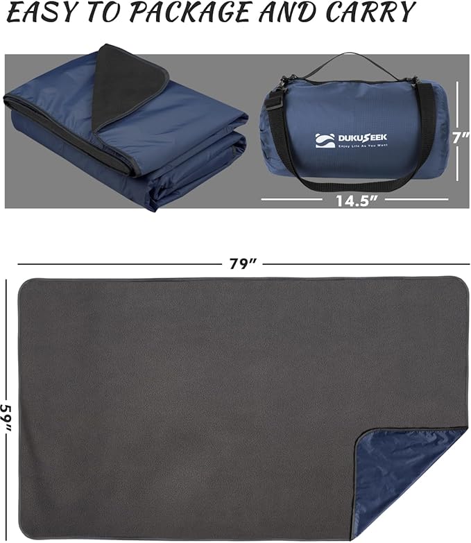 DUKUSEEK Large Waterproof Stadium Blanket for Cold Weather, Soft Warm Fleece Camping Blanket Windproof for Outdoor Sporting Events, Football Games,Navy Blue