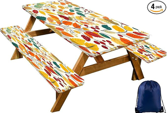 CAPSCEOLL Fitted Picnic Table Cover with Bench Covers with Elastic 8Ft Waterproof Camping Picnic Table Cover Cloths for Outdoors Camping Tablecloth with Drawstring Bag, 96X30in, Fall Leaves