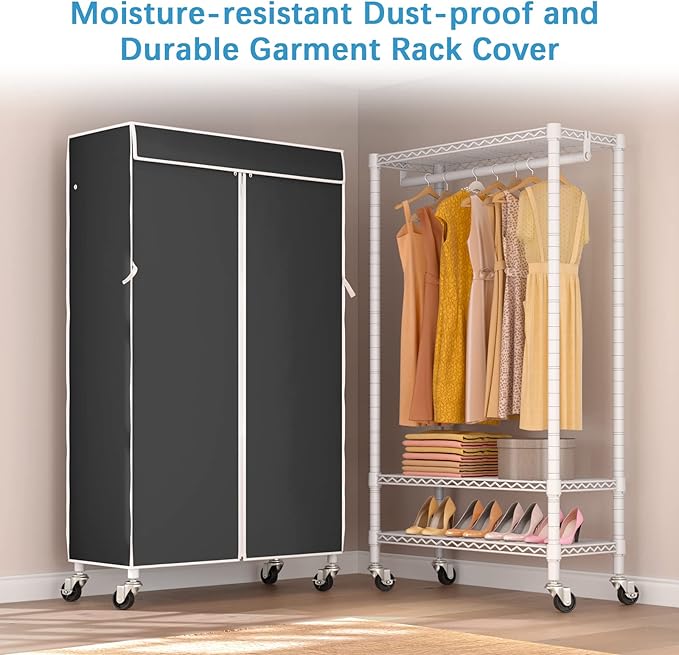 VIPEK R3C Rolling Clothes Rack with Cover Portable Closet for Hanging Clothes, Heavy Duty Garment Rack Freestanding Clothing Racks with Wheels& Hanging Rod, White Closet Racks with Black Cover