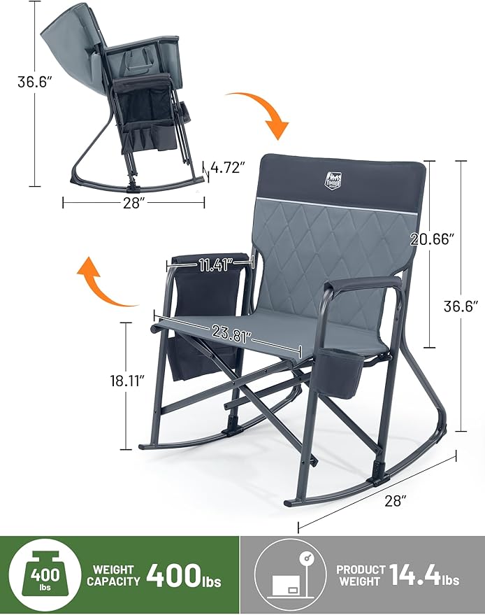 TIMBER RIDGE Folding Rocking Camping Chair, 400lbs Capacity Portable Oversized Outdoor Rocker with Hard Armrests, Cup Holder & Side Pocket, Quick-Fold Design for Outdoor, Patio, Lawn, Gray