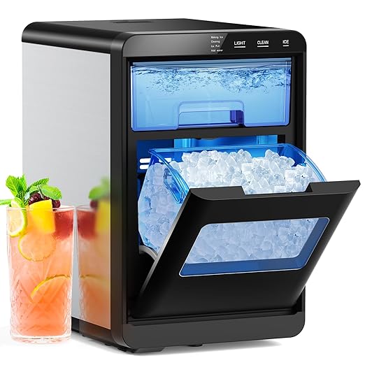 Ice Maker Countertop, Chewable Pellet Ice Machine with Handle, 44lbs Per Day Portable Ice Makers, Auto-Cleaning Ice Machine with Basket and Scoop for Home/Party/RV/Camping (Silver)