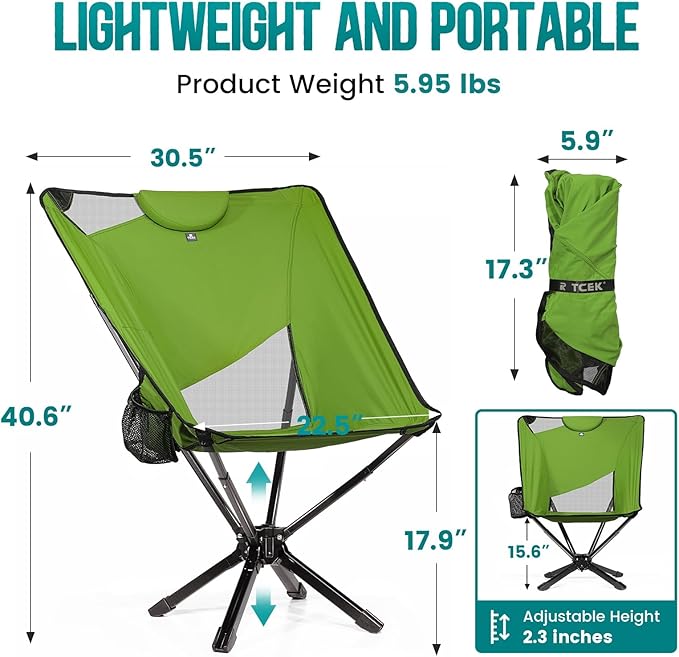 Portable High Back Camping Chair with Adjustable Height, Small Compact Outdoor Folding Chair for Adults Travel, Riselite Collapsible Lightweight Packable Camp Chairs, Easy Carry and Quick Setup
