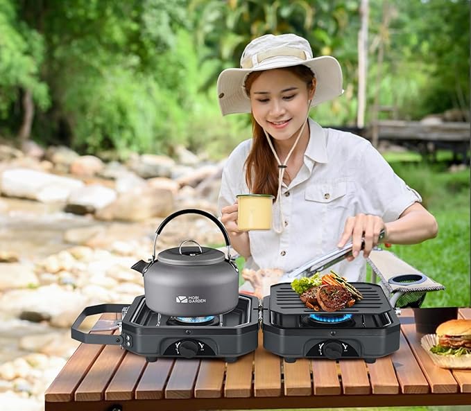 Nice C Camping Stove, Camping Stove Propane, 2 Burner Propane Camping Stove with Grill, Camp Stove, Portable Stove, 16,000 BTU Camp Stove with 2 Burner, Grill & Carry Bag for Camping