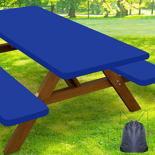 Smiry Picnic Table Cover with Bench Covers, Waterproof Elastic Fitted Polyester Tablecloths for 8 Ft Rectangle Tables, Washable Windproof Tablecloth for Camping, RV & Outdoor (Blue, 30x96 Inches)