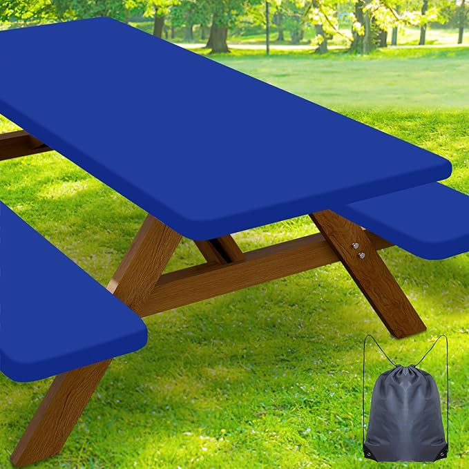 Smiry Picnic Table Cover with Bench Covers, Waterproof Elastic Fitted Polyester Tablecloths for 6 Ft Rectangle Tables, Washable Windproof Tablecloth for Camping, RV & Outdoor (Blue, 30x72 Inches)