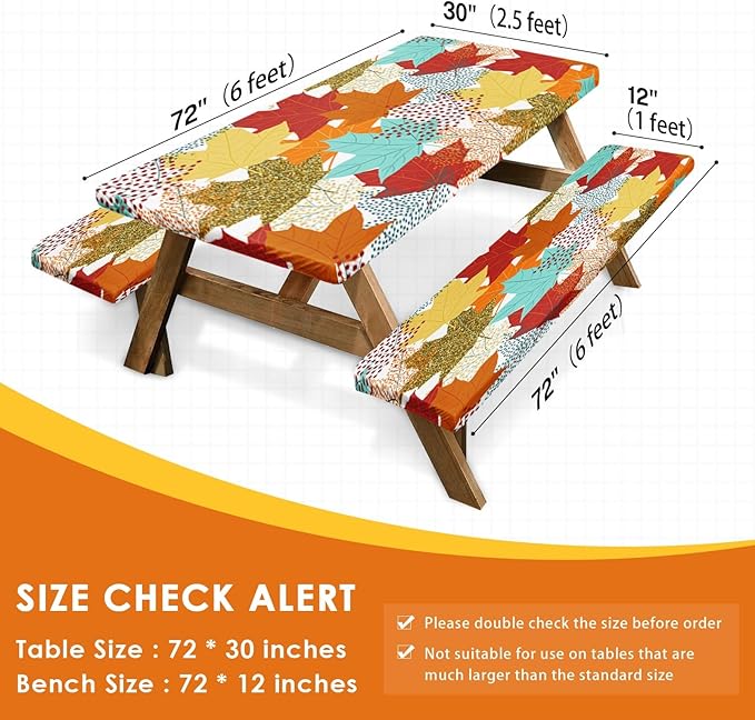 Picnic Table Cover with Bench Covers Elastic Edges, Fall Leaves Fitted Table Cover, Outdoor Patio Camping Essentials 72 Inch 3PCS, Waterproof Camping Fitted Tablecloth with Drawstring Bag