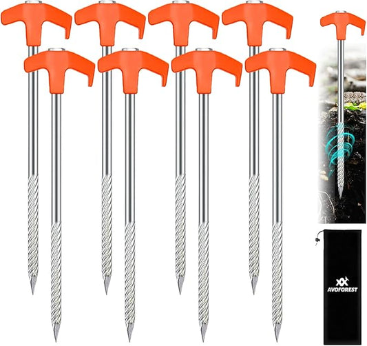8Pcs Heavy Duty Tent Stakes AVOFOREST 9.8 inch Tent Stakes Portable Camping Stakes for Camping Patio, Garden, Canopies, Grassland, Outdoor Orange