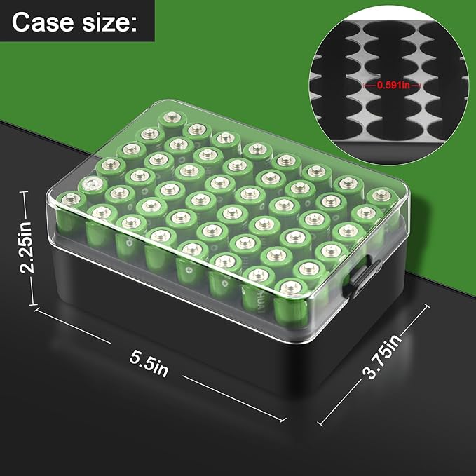 ALCYON Battery Organizer Storage Case, Small Battery Vault Box Container for 48pcs AA Batteries, Plastic Clear Protective Battery Holder for Travelling/Home/Office (Black, Large)