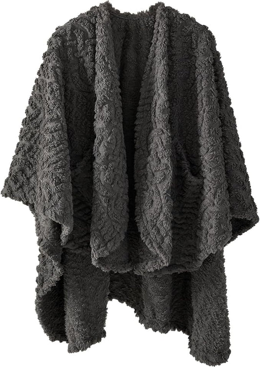 Royoliving Fuzzy Sherpa Wearable Fleece Blanket with Pockets for Adults, Ultra Soft Plush Shawl Throw Blankets (Grey, 58'' x 64'')