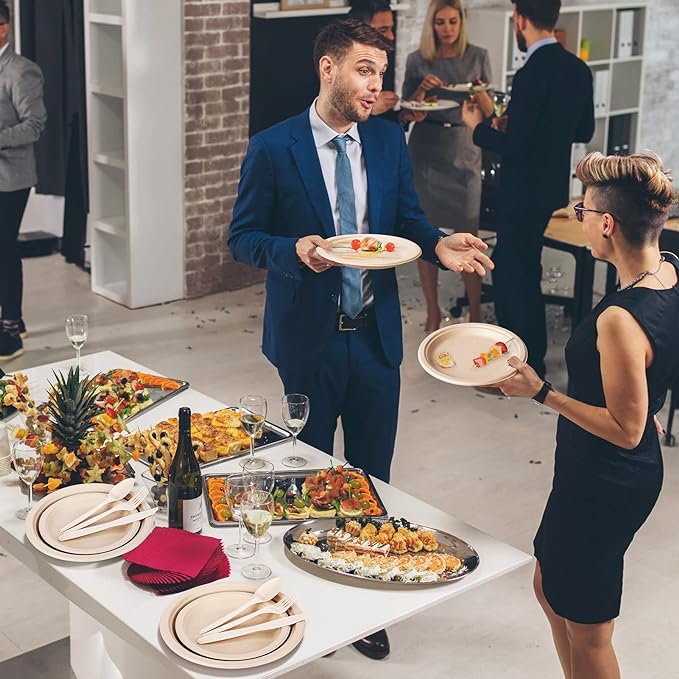 Gezond 250Pcs Disposable Paper Plates Set, Compostable Plate Sugarcane Utensils Eco Friendly Dinnerware Kit Includes 50 Biodegradable Plates, Forks, Knives and Spoons for Brithday Party Camping