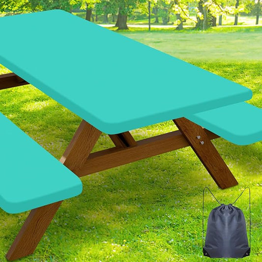 Smiry Picnic Table Cover with Bench Covers, Waterproof Elastic Fitted Polyester Tablecloths for 6 Ft Rectangle Tables, Washable Windproof Tablecloth for Camping, RV & Outdoor (Teal, 30x72 Inches)