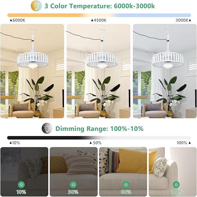 Outdoor Ceiling Fans with Lights and Remote, Waterproof LED Dimmable Ceiling Fan, Reversible, 3CCT, 6 Wind Speeds, White Plug in Ceiling Fan, Farmhouse Boho Hanging Gazebo Fan for Patios Porch Indoor