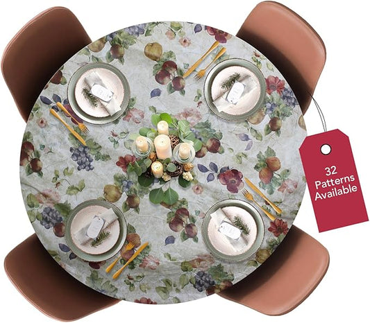 LAMINET Elastic Fitted Table Cover - Antique Fruit - Large Round - Fits Tables up to 45-56” Diameter