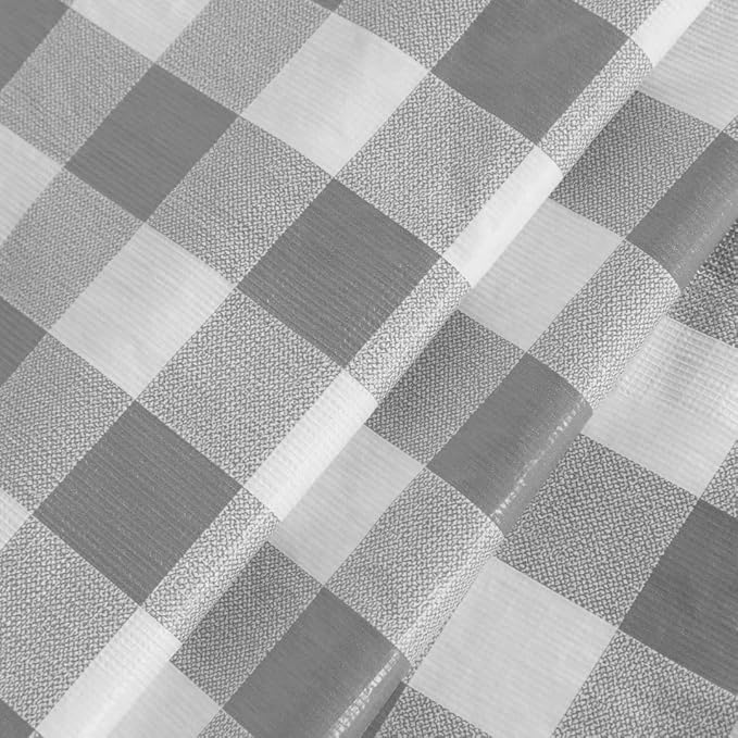 Fitable Round Vinyl Fitted Table Cover - Waterproof Checkered Elastic Edged Tablecloth Flannel Backed Wipeable Table Cloth for Spring/Summer Picnic Party, Silver/White (Fit for 45"-56" Round Tables)