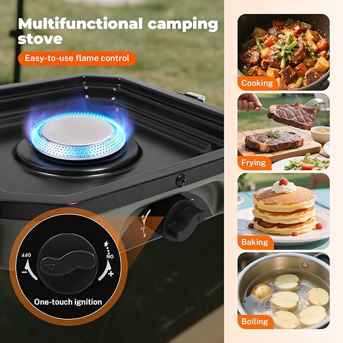 Dollate 2-Burner Propane Stove with Griddle and Carrying Bag, Portable Foldable Camping Stove with 2 Adjustable Burners 16000 BTUs,for Camping Tailgating Essentials Gear (Green)