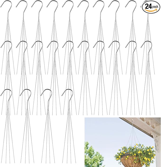 24 Pack 24" 4 Wire Steel Hook Hanger, Wire Plant Hangers for Hanging Baskets, Pot Hangers for Plants for Indoor Outdoor Patio Garden