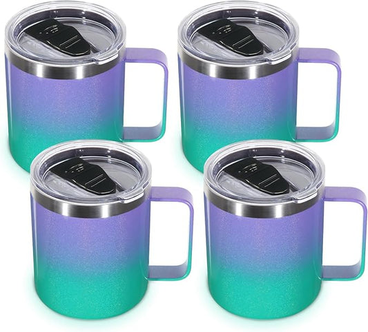 Volhoply 14oz Insulated Stainless Steel Coffee Mug with Lid Bulk 4 Pack,Double Wall Vacuum Travel Coffee Cup with Handle,Reusable Cups Tumbler,Camping Mugs Keep Hot,Ideal Gifts(Purple Green,4)