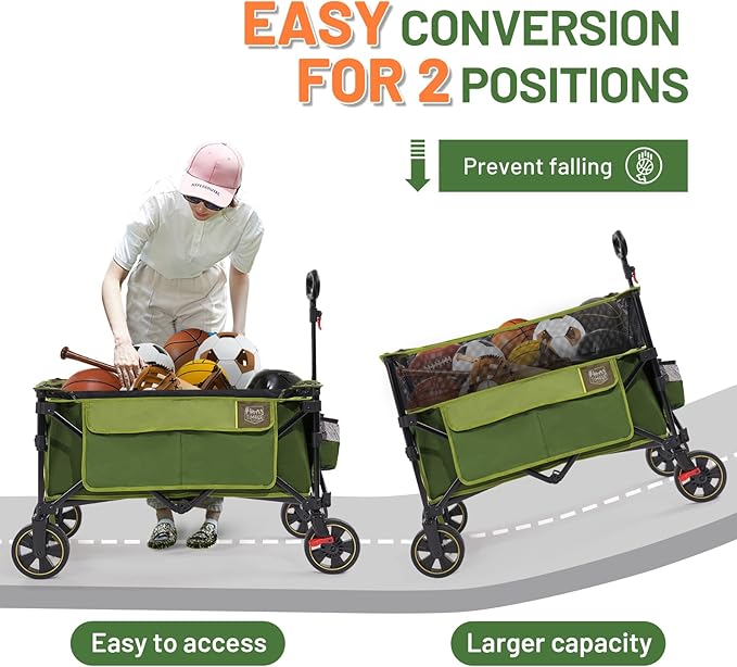 TIMBER RIDGE 350L Extra Large Collapsible Folding Wagon Carts with Brake, Heavy Duty Outdoor Camping Utility Wagons with Extended Height, Adjustable Handle, Cup Holders, Side Bag(Green)