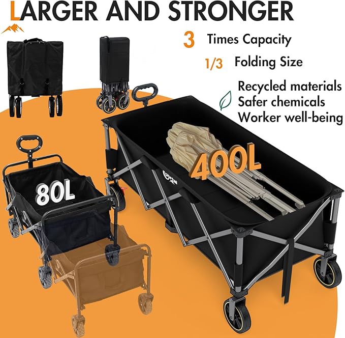 PORTAL 51.2" Long Wagons Carts Foldable with Brakes, Large Foldable Wagon with Cargo Net, Side Pocket, Cup Holders, 350 LBs Heavy Duty Utility Grocery Wagons for Sports, Camping