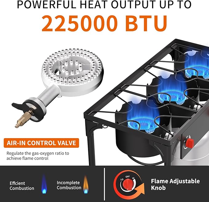 SKOK 3 Burner Propane Stove - Portable Camping Stove with 225,000 High Efficiency Propane Burner，Outdoor Stove for Camping, Backyard, Picnic
