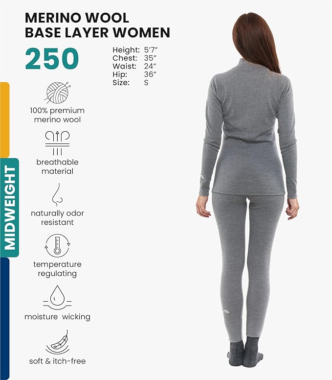 Merino.tech Merino Wool Base Layer Women Set - Heavyweight, Lite, Midweight Merino Thermal Underwear For Women Top, Bottom