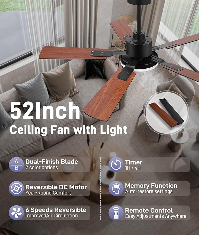 ZYD Ceiling Fans with Lights, 52 Inch Ceiling Fan with Light and Remote, Farmhouse Ceiling Fan with Light Quiet Reversible DC Motor, Dual-Finish LED Ceiling Fans with Lights for Living Room, Bedroom