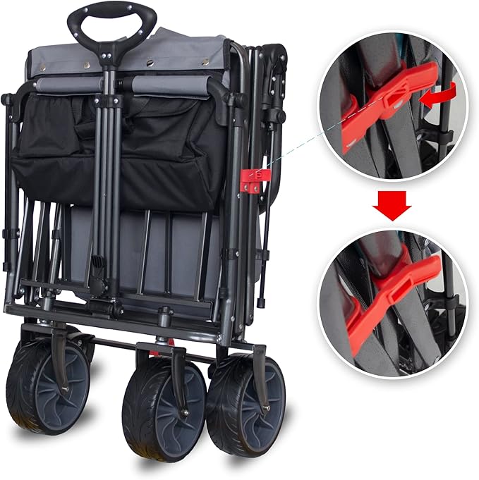 TMZ Collapsible Folding Outdoor Utility Wagon with Removable Canopy - 265lbs Heavy Duty Trolley with Rubber Wheels, Adjustable Handles, Rear Basket, for Shopping, Picnic, Camping (Black/Grey)
