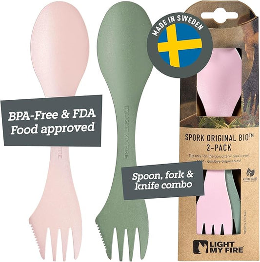 Light My Fire Spork Original 3-in-1 Camping Spoon Fork Knife Combo Reusable Travel & Camping Utensils Lunch Spork Outdoor Backpacking Hiking Picnic Utensil BPA Free, 2-Pack Green/Pink