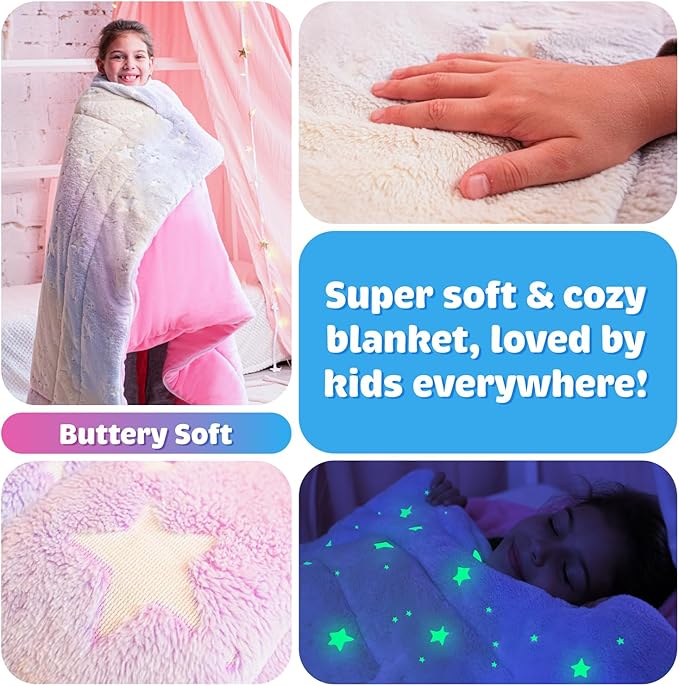 Kids Sleeping Bag for Boys & Girls - Glow in The Dark for Ages 3+, Large With Pillow Pocket, Extra Soft Toddler Blanket (66" x 33")
