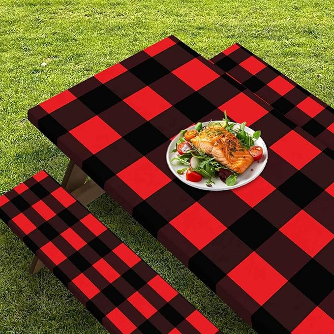 CAPSCEOLL Fitted Picnic Table Cover with Bench Covers with Elastic 6Ft Waterproof Camping Picnic Table Cover Cloths for Outdoors Camping Tablecloth with Drawstring Bag, 72X30in, Black Red