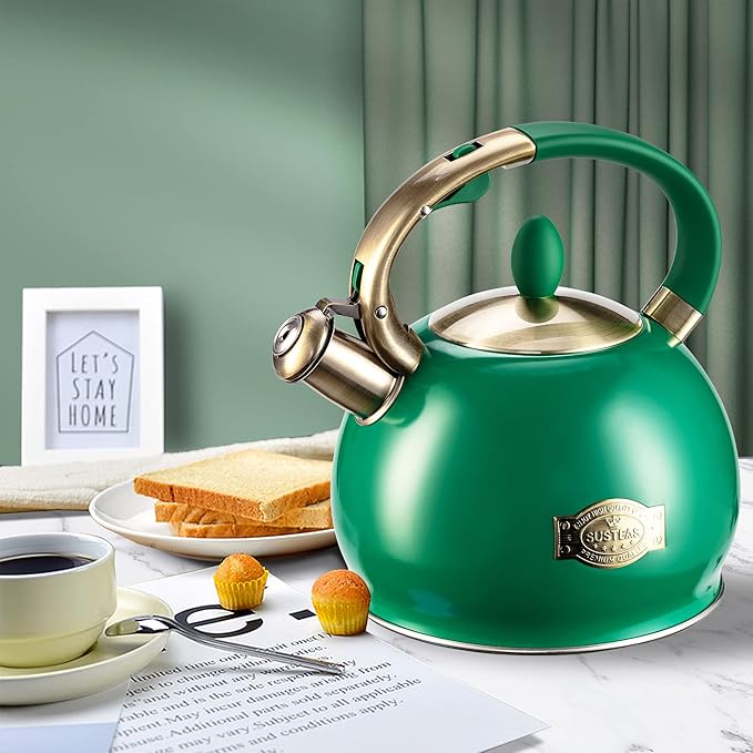 SUSTEAS Stove Top Whistling Tea Kettle - Food Grade Stainless Steel Teakettle Teapot with Cool Touch Ergonomic Handle, With 1 Silicone Pinch Mitt Included, 2.64 Quart (Green)