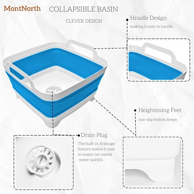 Collapsible Wash Basin 9L, Foldable Dish Tub with Drain Plug, Portable Collapsible Dish Basin, Camping Sink for Washing Dishes, Laundry & Kitchen Use (Blue)