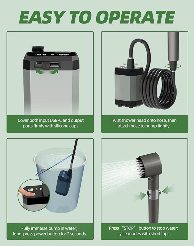 Portable Shower for Camping - 6000mAh Rechargeable Outdoor Camp Shower Pump with IPX8 Waterproof, LED Display & 4 Spray Modes for Travel, Pet, Car Wash