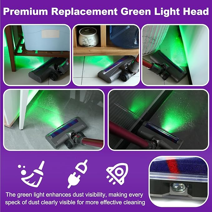 Lemige LED Green Light Head Replacement Parts for Dyson V7 V8 V10 V11 V15 Cordless Vacuum Cleaner, Quick Release LED Light Attachments, Anti-Tangle and Soft Brush Roller for Carpets, Rugs, Hard Floor