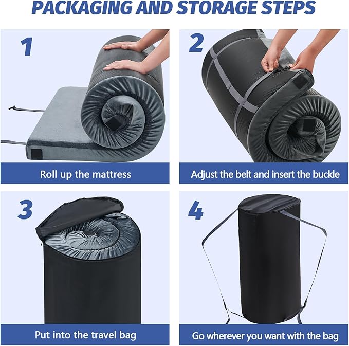 CYMULA CertiPUR-US Memory Foam Camping Mattress Pad, Portable Foam Sleeping Pad for Camping, Roll up Sleeping Mat for Adults Guest Floor Bed for Sleepover, Car, Tent SUV Cot Mattress