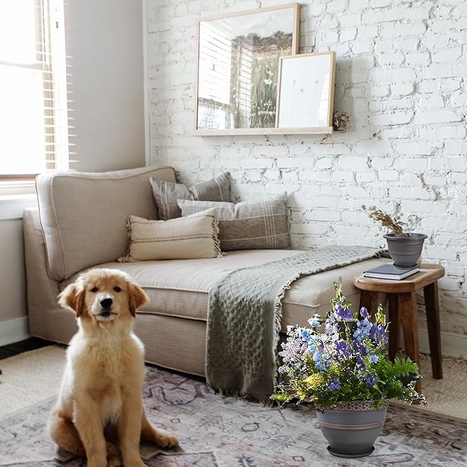 6 Pack 8 Inch Plant Pots, Plastic Flower Pot for Indoor & Outdoor with Drainage Holes & Saucer, Plaid Pattern Planters Garden Pots for Herbs