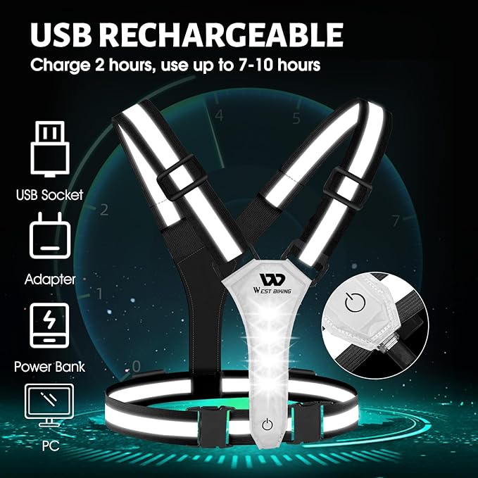 West Biking Running Vest Light - Led Running Reflective Gear for Walking at Night, High Visibility Night Rechargeable Light Up Running Vest, Adjustable Running Lights for Runners