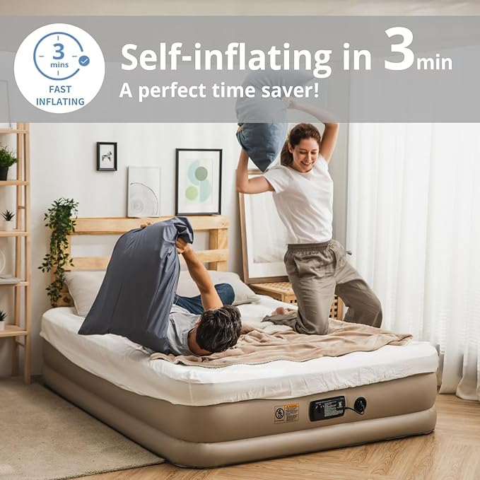 Simpli Comfy Inflatable 18” Queen Air Mattress with Built in Pump Self Inflating Blow Up Durable Heavy Duty Stay Firm Comfortable Air Bed Elevated for Home Guest Travel Relocate Camping