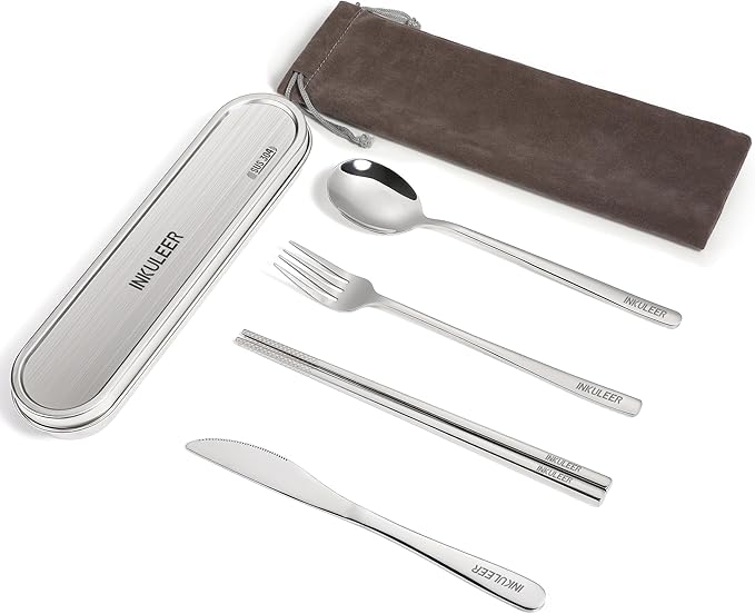 Travel Cutlery Set - 18/8 Stainless Steel Reusable Utensils with Metal Case, Portable Silverware for Camping, Office, Travel & Outdoor Dining