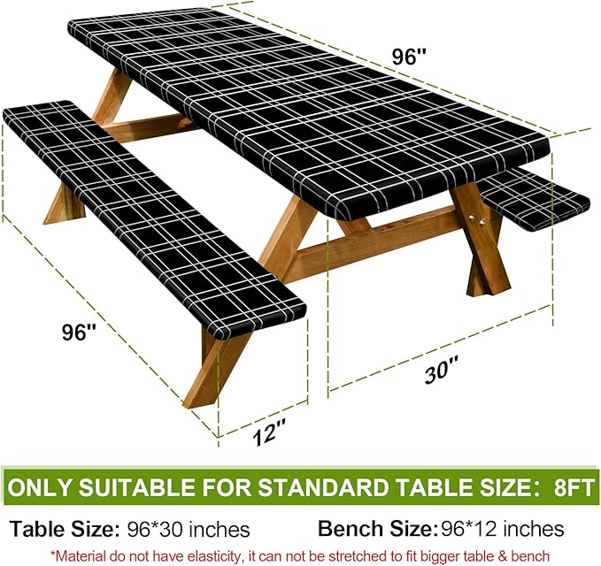Picnic Table Cover with Bench Covers Camping Essentials Waterproof Windproof Camping Tablecloth with Drawstring Bag, Fitted Rectangle Tables and Seats, 96in, Black Checkered
