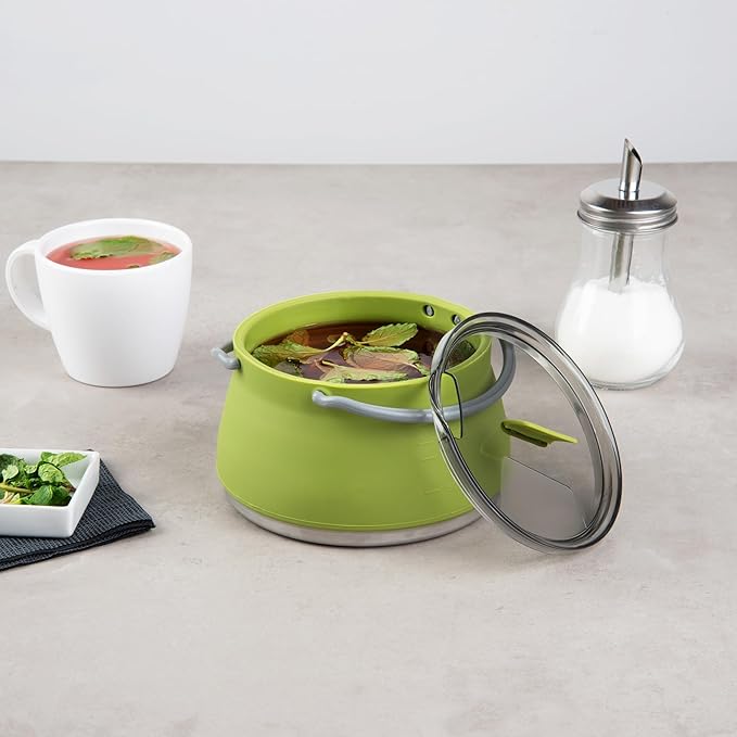 Restaurantware-Hi Tek 1 Liter Collapsible Camping Kettle, 1 Portable Cook Pot - With Perforated Lid, Stainless Steel Bottom, Silicone Camping Coffee Pot, With High Heat Nylon Handles, For Travel