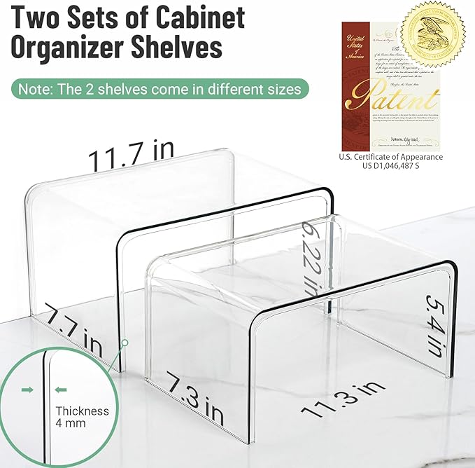 Clear Cabinet Organizer, Shelf Organizer Set of 2 for Kitchen Pantry Organizers and Storage, Display Cabinet Shelf Room Decor Countertop Desk Shelves, Patented Spice Organization for Cabinet