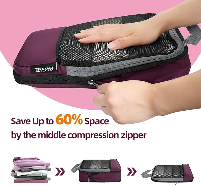 BAGAIL 4 Set/6 Set/8 Set Compression Packing Cubes Travel Accessories Expandable Packing Organizers (Half Mesh, 6-Burgundy)