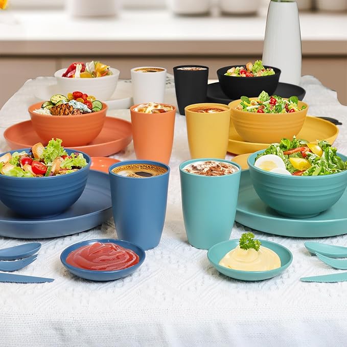 Wheat straw plates and bowls sets with cutlery - Unbreakable wheat straw dinnerware sets of 28 - Microwave safe plates,bowls,cups for camping,kitchen,new apartment.Colorful