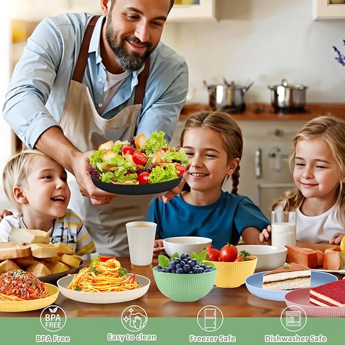 24pcs Wheat Straw Dinnerware Sets For 8, Unbreakable Plates and Bowls Wheat Straw Dinnerware Microwavable Cups Plates and Bowls Sets Shatterproof For Outdoor Kitchen Camping