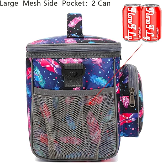 FlowFly Insulated Reusable Lunch Bag Adult Large Lunch Box for Women and Men with Adjustable Shoulder Strap,Front Zipper Pocket and Dual Large Mesh Side Pockets,Feather