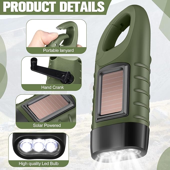 Leelosp 9 Pieces Hand Crank Flashlight Solar Powered Flashlight for Emergencies Dynamo Rechargeable LED Survival Light for Outdoor Sports Hiking Camping (Green)