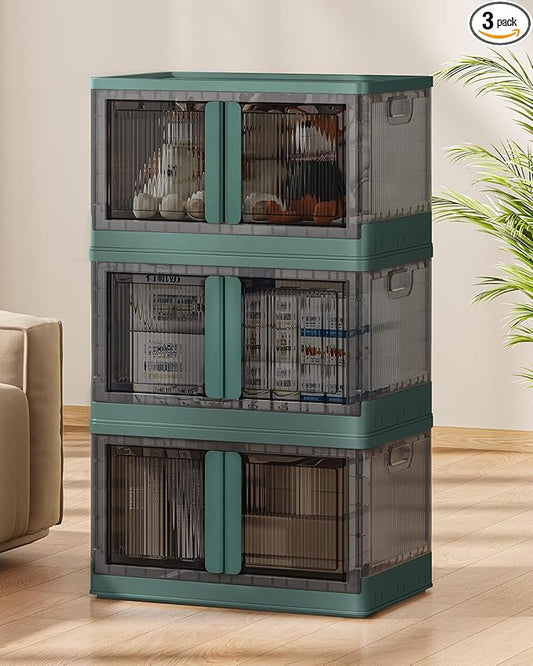 19Gal Collapsible Storage Bins with Lids & Wheels - 3 Pack Stackable with Doors, Heavy-Duty Plastic Containers for Home/Office, Green